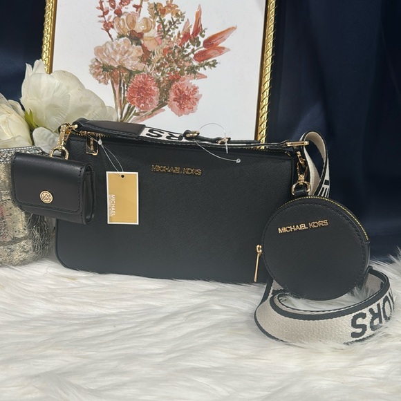 🖤Michael Kors Jet Set Black Leather Crossbody Tech Attachment Bag Wallet - Picture 6 of 12